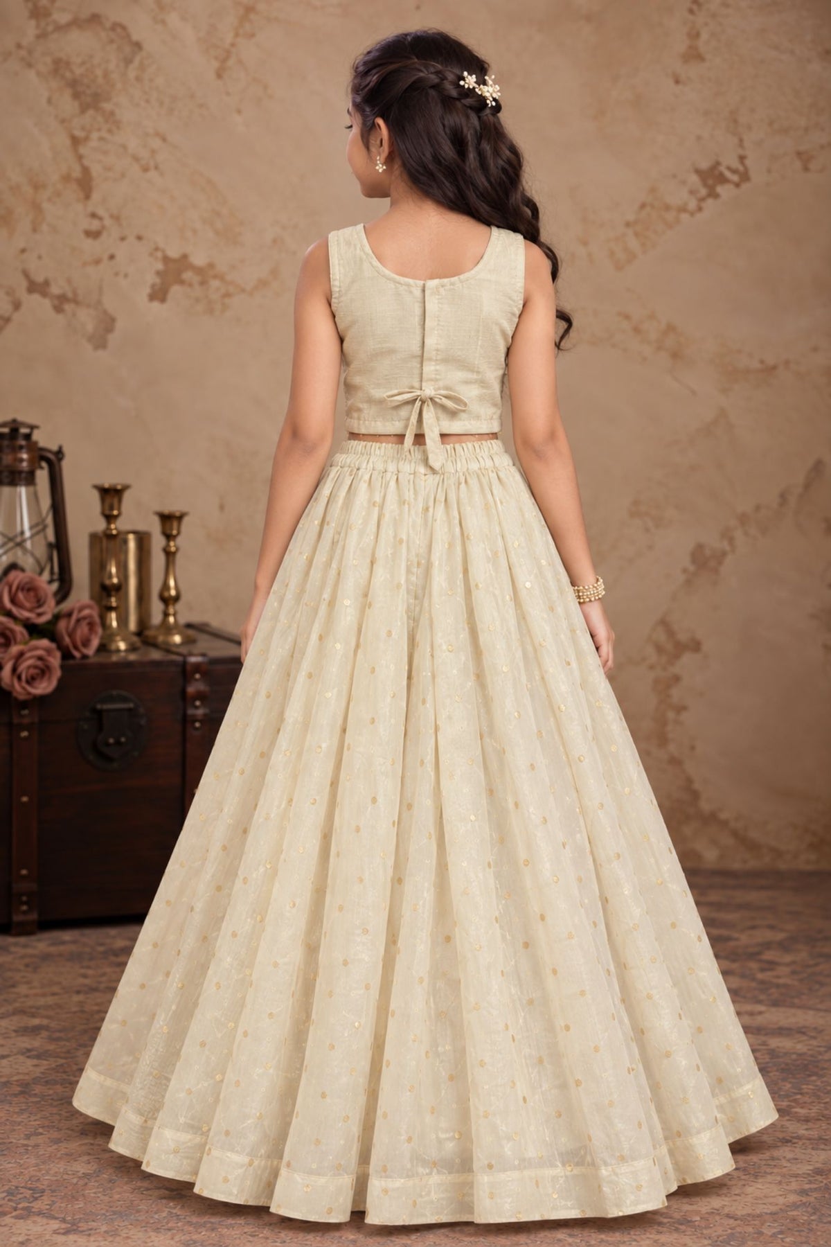Girls Cream Sequin Embroidered Lehenga Choli Set with Dupatta