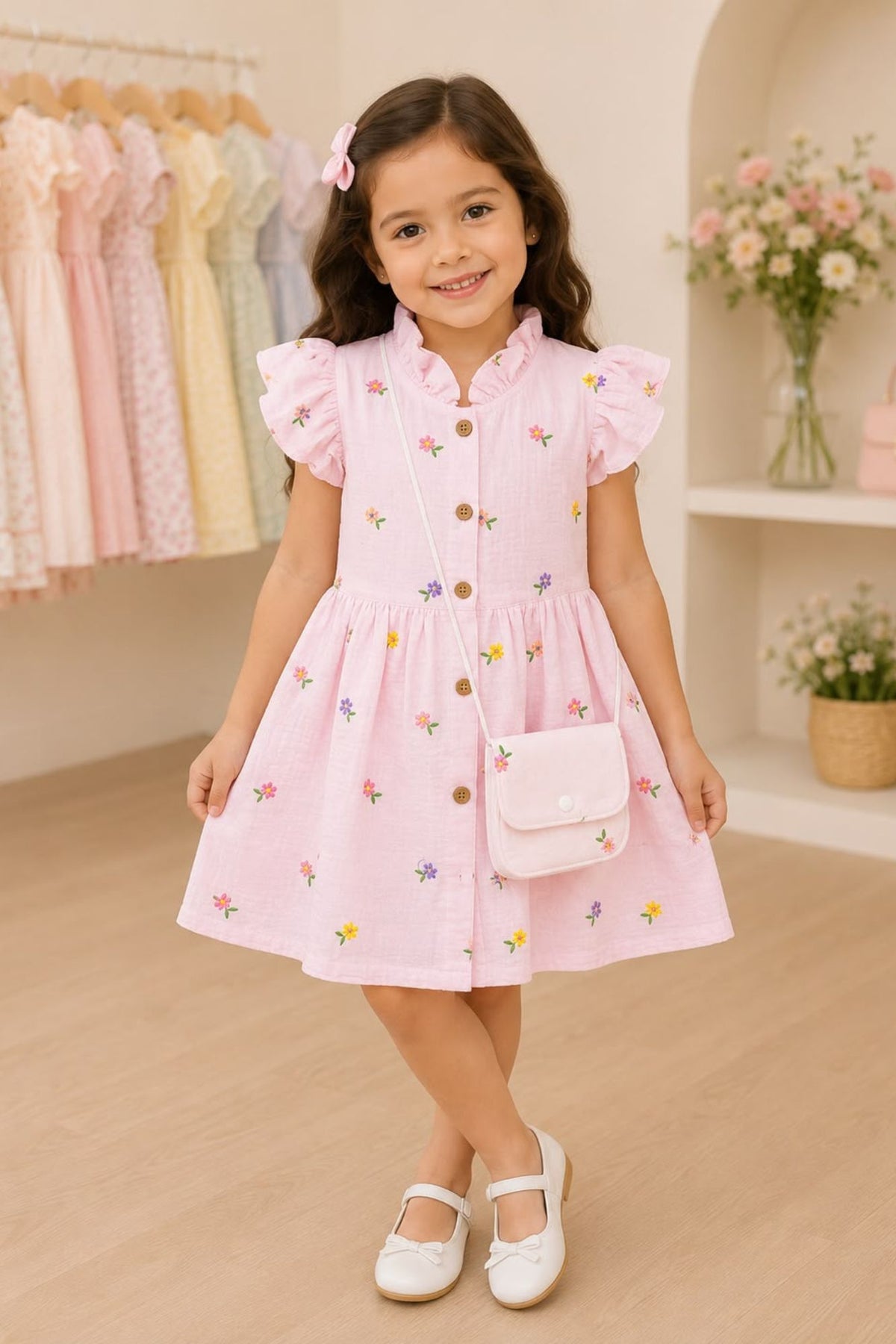 Girls Pink Multicolour Floral Embroidered Dress