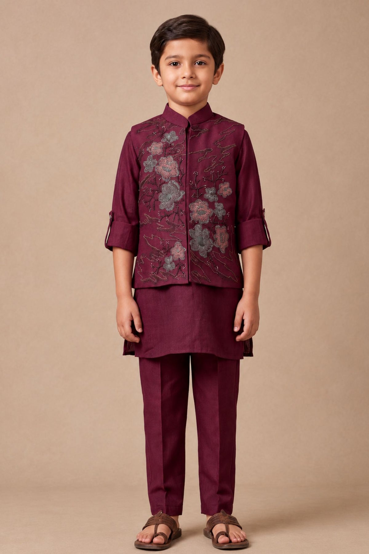 Boys Maroon Floral Embroidered Nehru Jacket Kurta Set