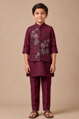 Boys Maroon Floral Embroidered Nehru Jacket Kurta Set