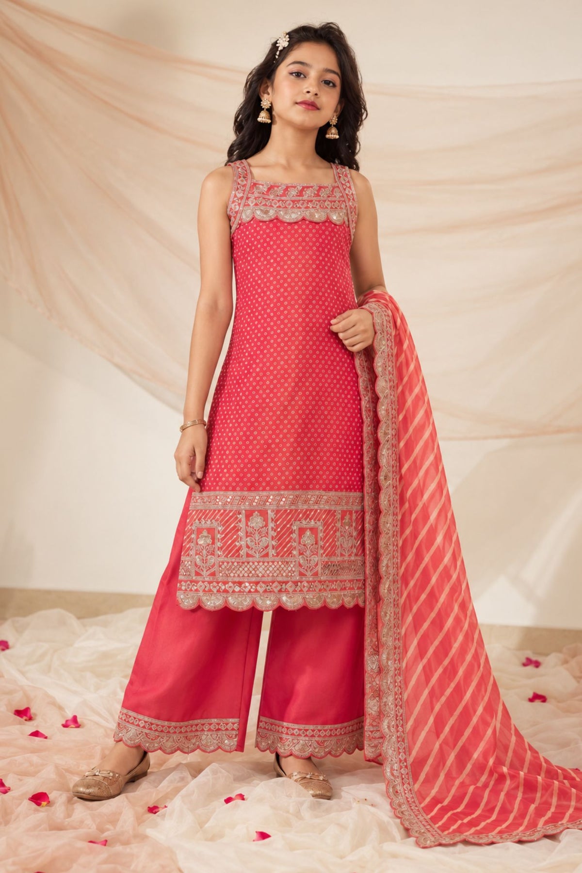 Rani Pink Zari Embroidered Festive Palazzo Set with Dupatta