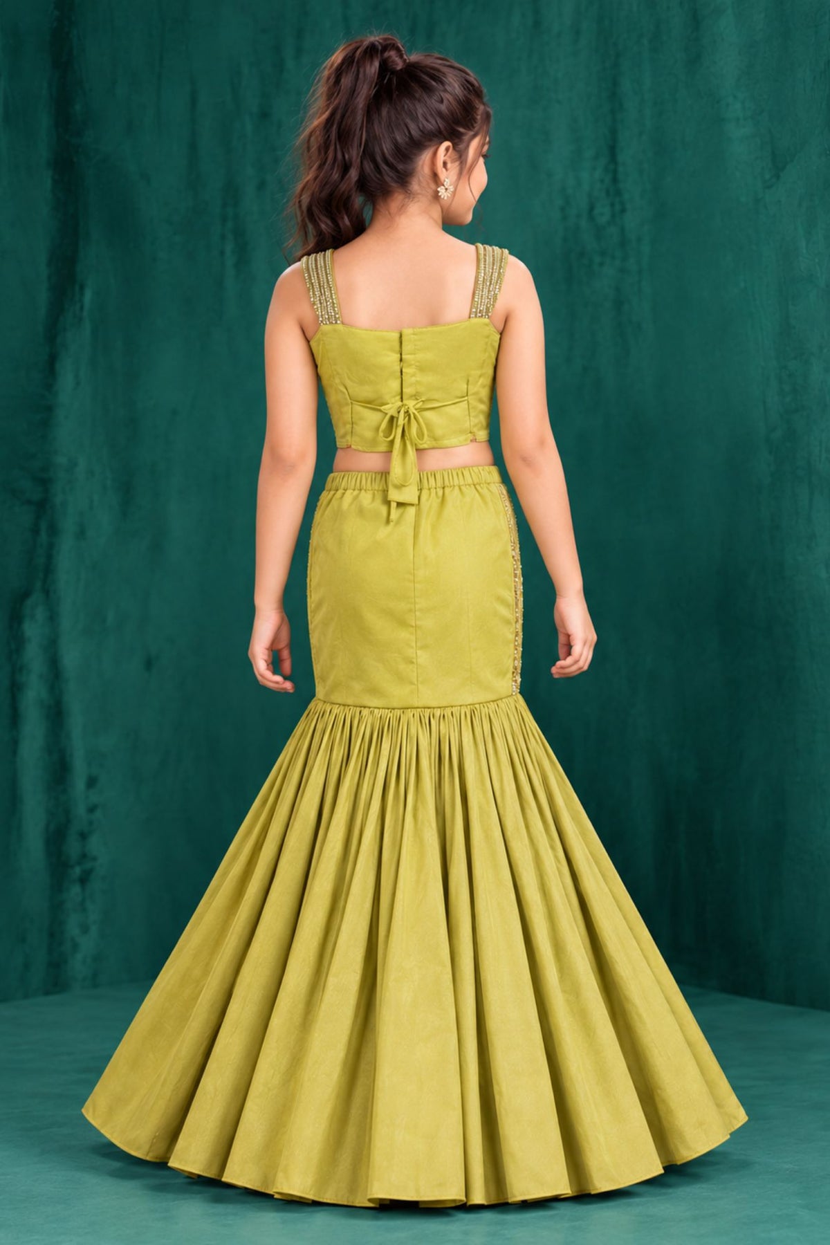 Mustard Green Floral Bead Embroidered Mermaid Lehenga Choli Set