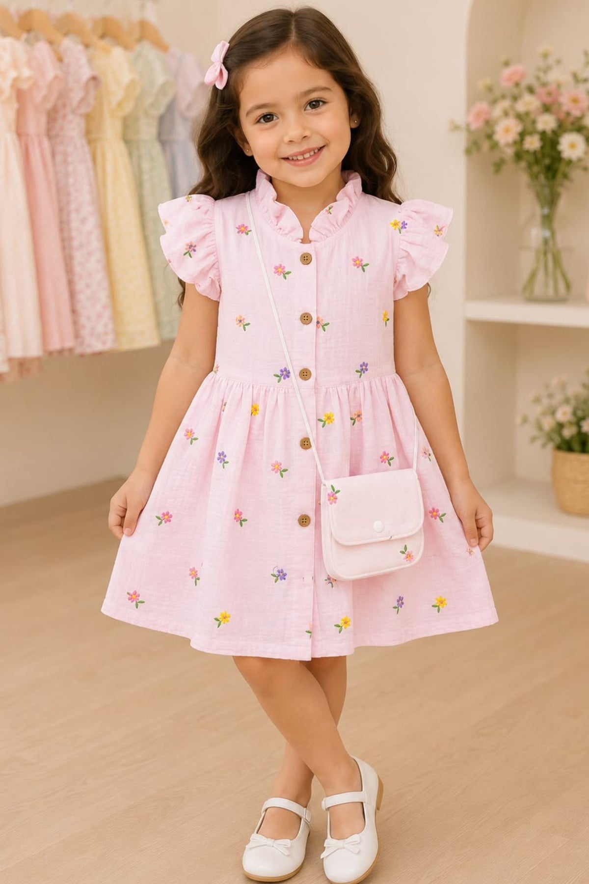 Girls Pink Multicolour Floral Embroidered Dress
