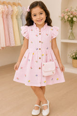 Girls Pink Multicolour Floral Embroidered Dress