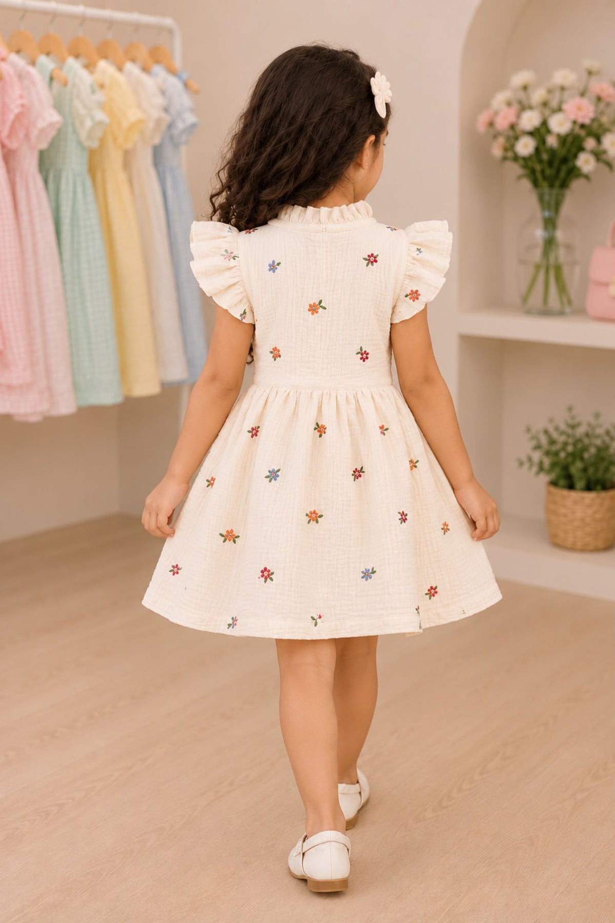 Girls Cream Multicolour Floral Embroidered Dress