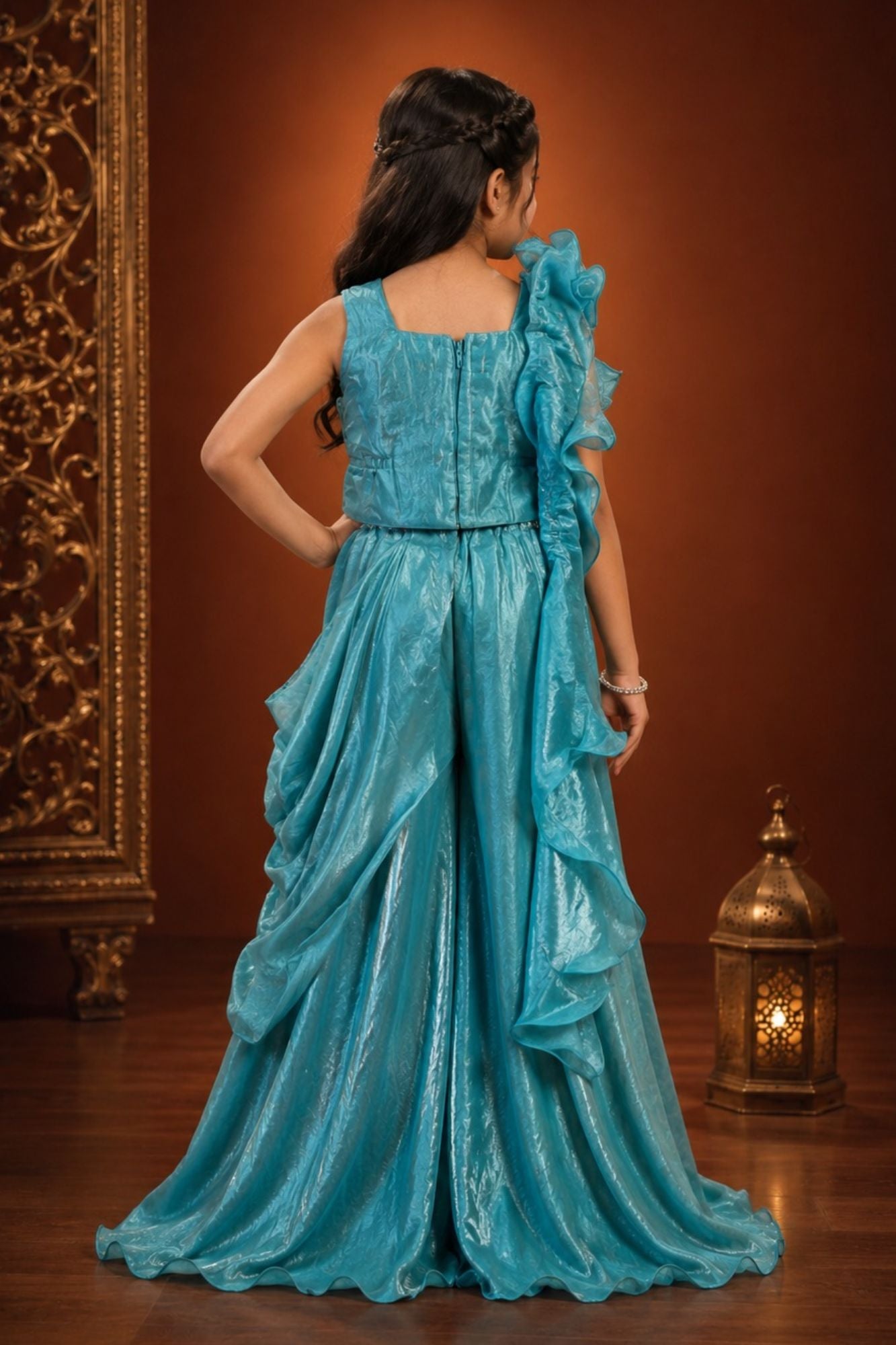 Girls Teal Blue Sequin Embellished Draped Sharara Set