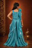 Girls Teal Blue Sequin Embellished Draped Sharara Set