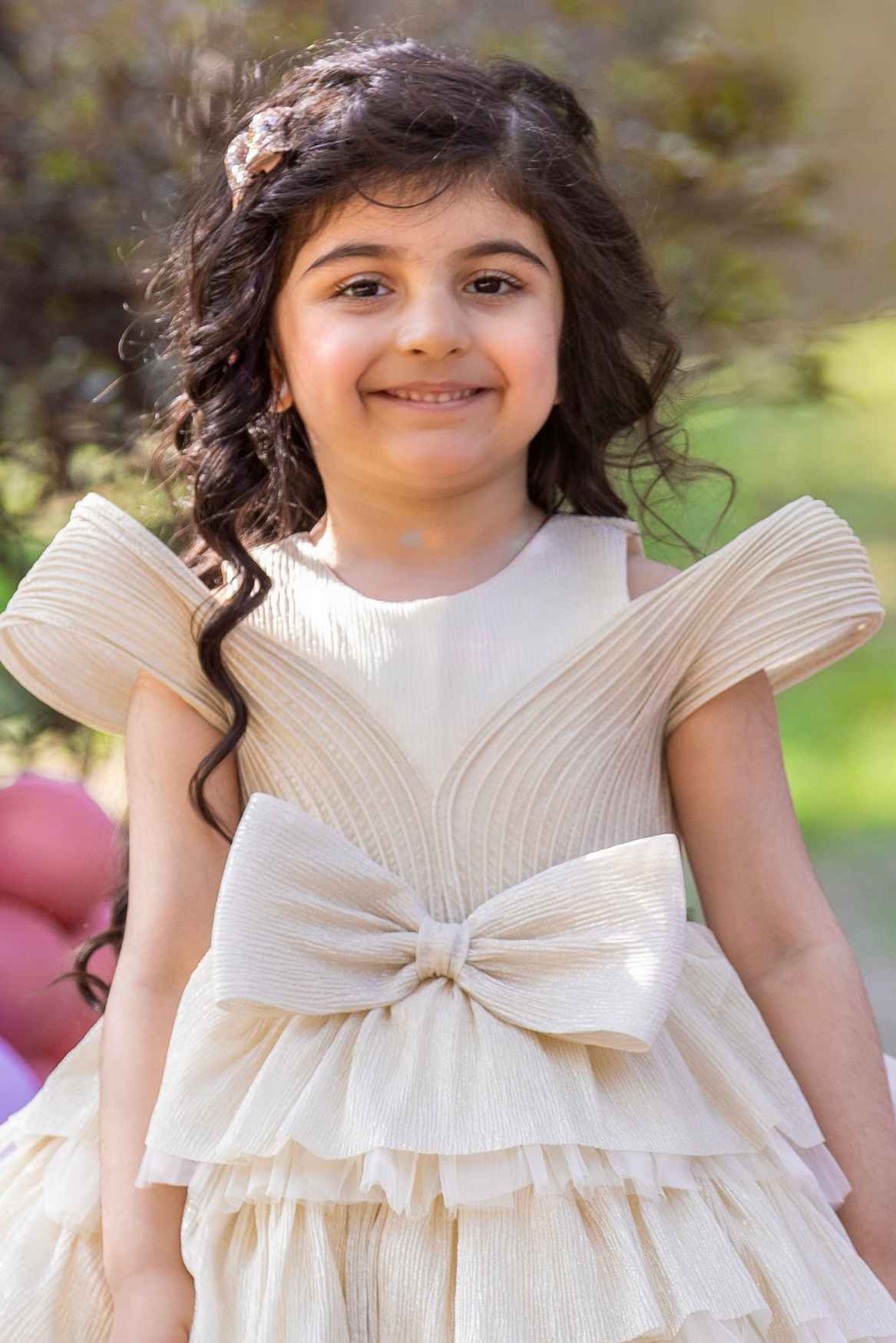 Cream Bow Embellished Party Wear Frock For Girls