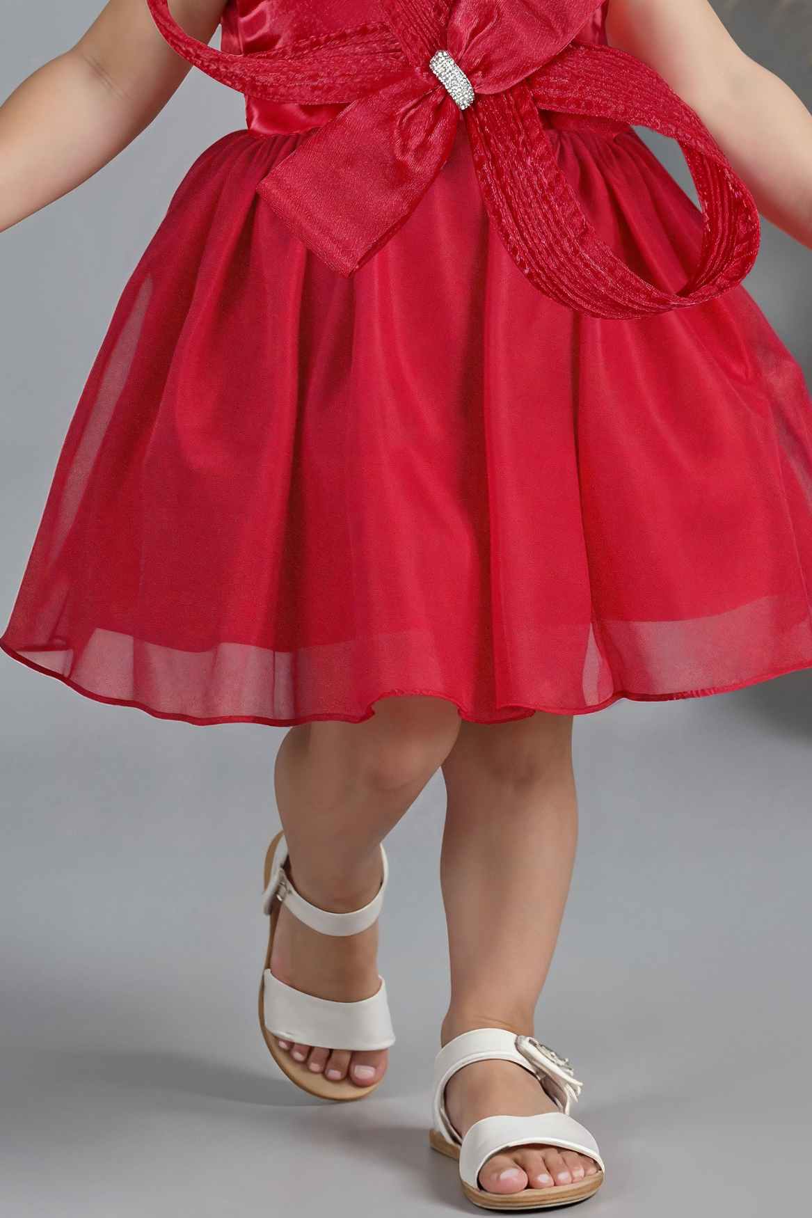 Red One-Shoulder Bow Embellished Party Dress for Girls
