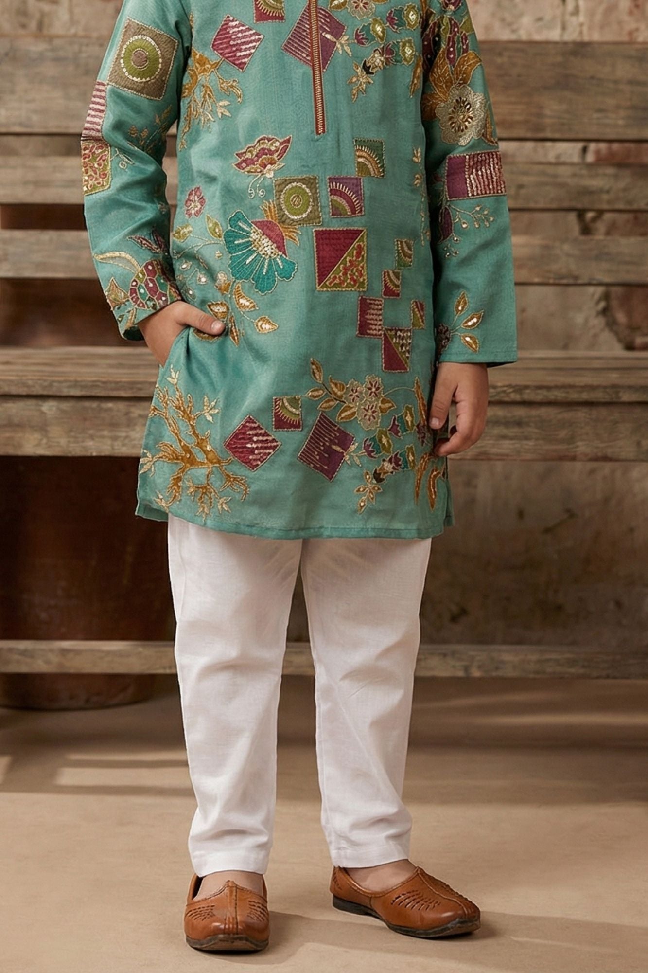 Sea Green Printed Kurta Set with Cream Pyjama For Boys
