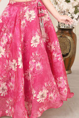 Rani Pink Embroidered Top With Floral Print Lehenga Choli Set For Girls