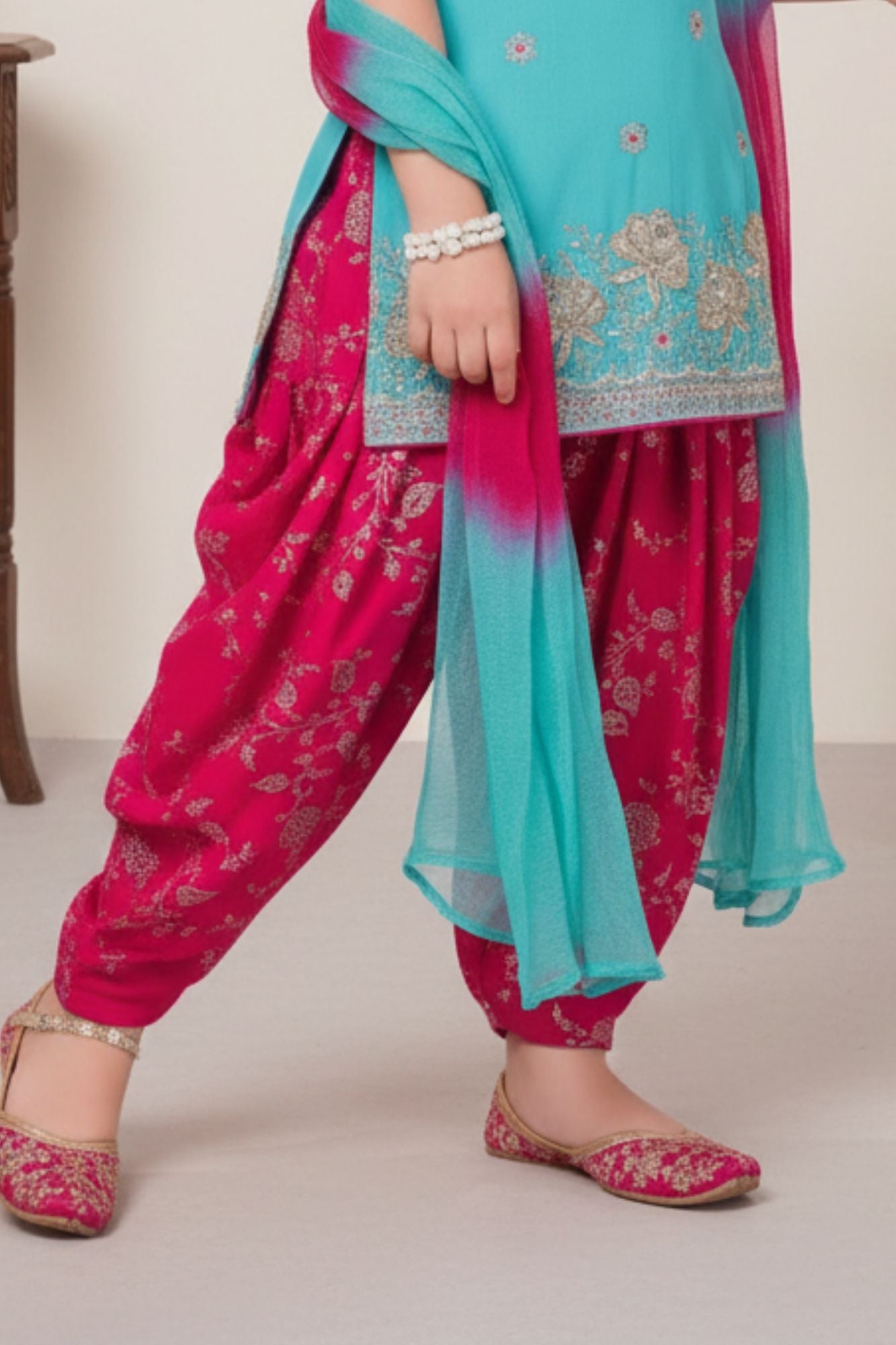 Blue And Pink Embroidered Patiala Suit Set With Dupatta For Girls