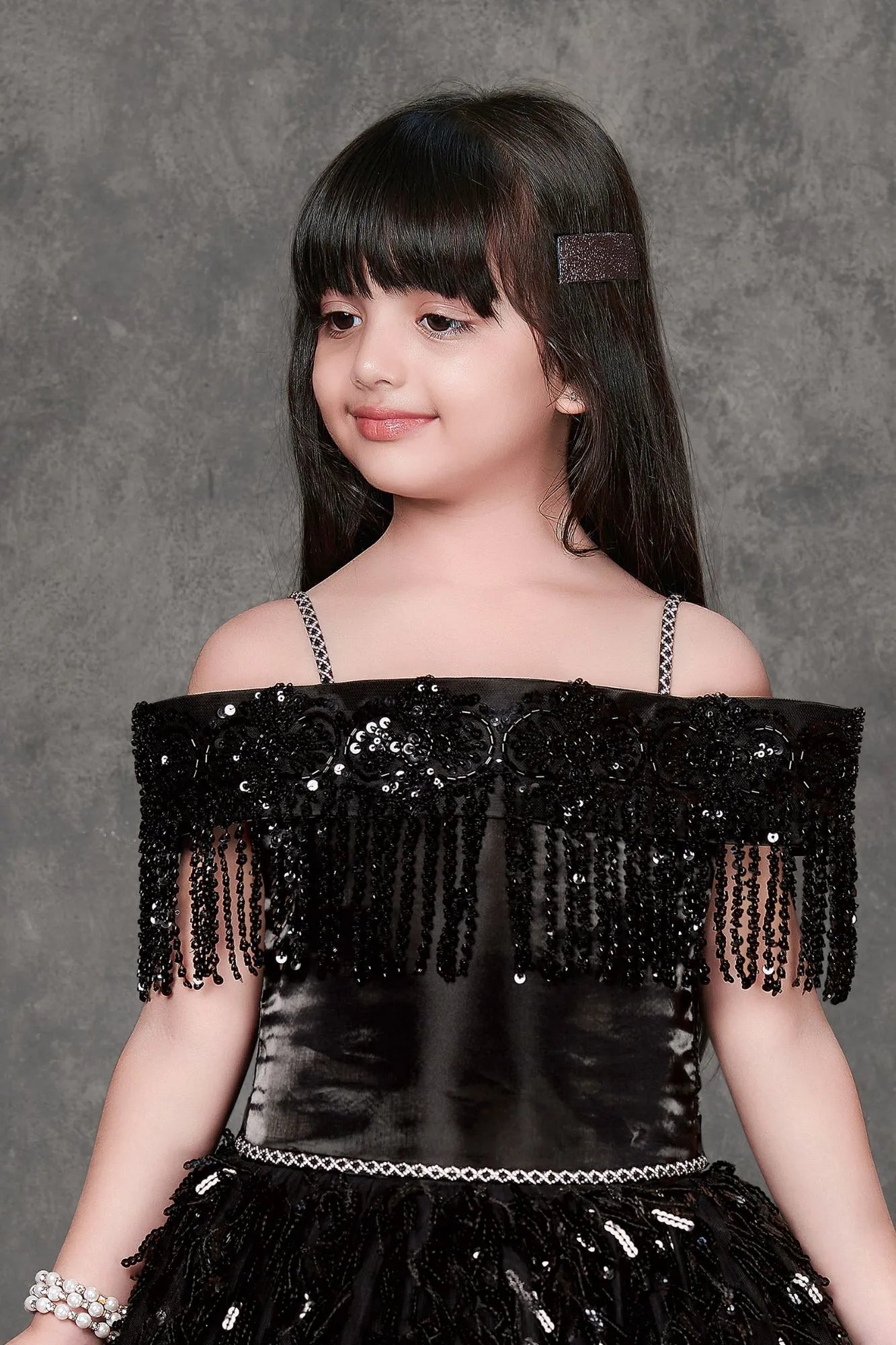 Midnight Sparkle Black Sequin Off-Shoulder Party Gown For Girls