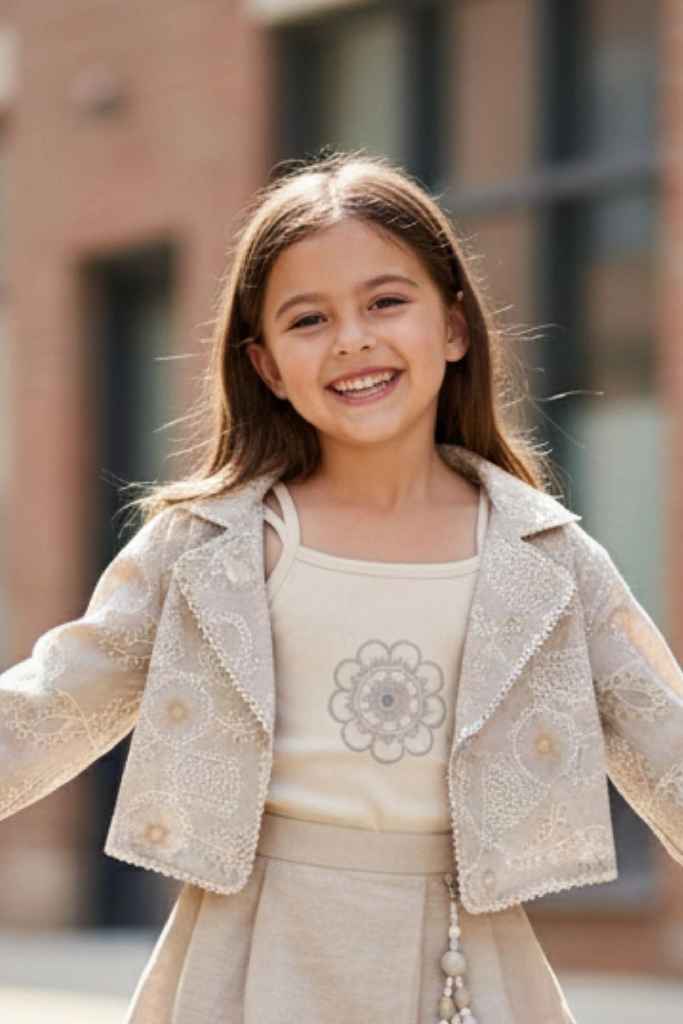 Beige Embroidered Jacket & Skirt Co-ord Set For Girls