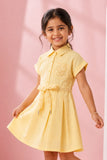 Girls Yellow Embroidered Fit And Flare Casual Dress with Waist Tie Belt