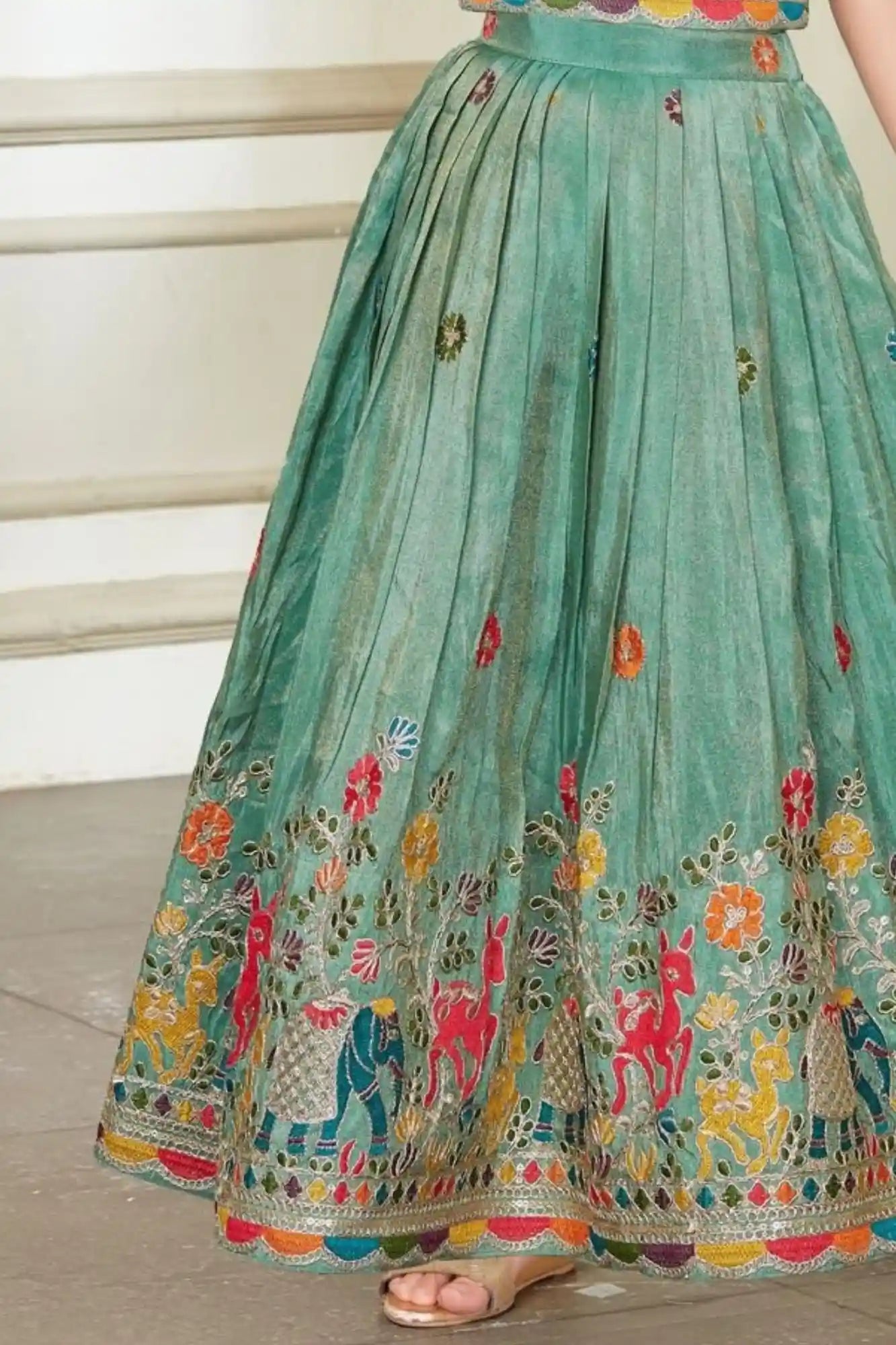 Green Folk Embroidered Lehenga Choli for Girls
