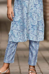 Blue Printed And Stone Work Kurta With Pant Set For Girls