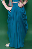 Teal Blue Embroidery Top And Dhoti Bottom Set With Brocade Overcoat For Girls