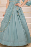 Girls Sea Green Embroidered Lehenga Choli with Draped Dupatta And Tassel Detailing