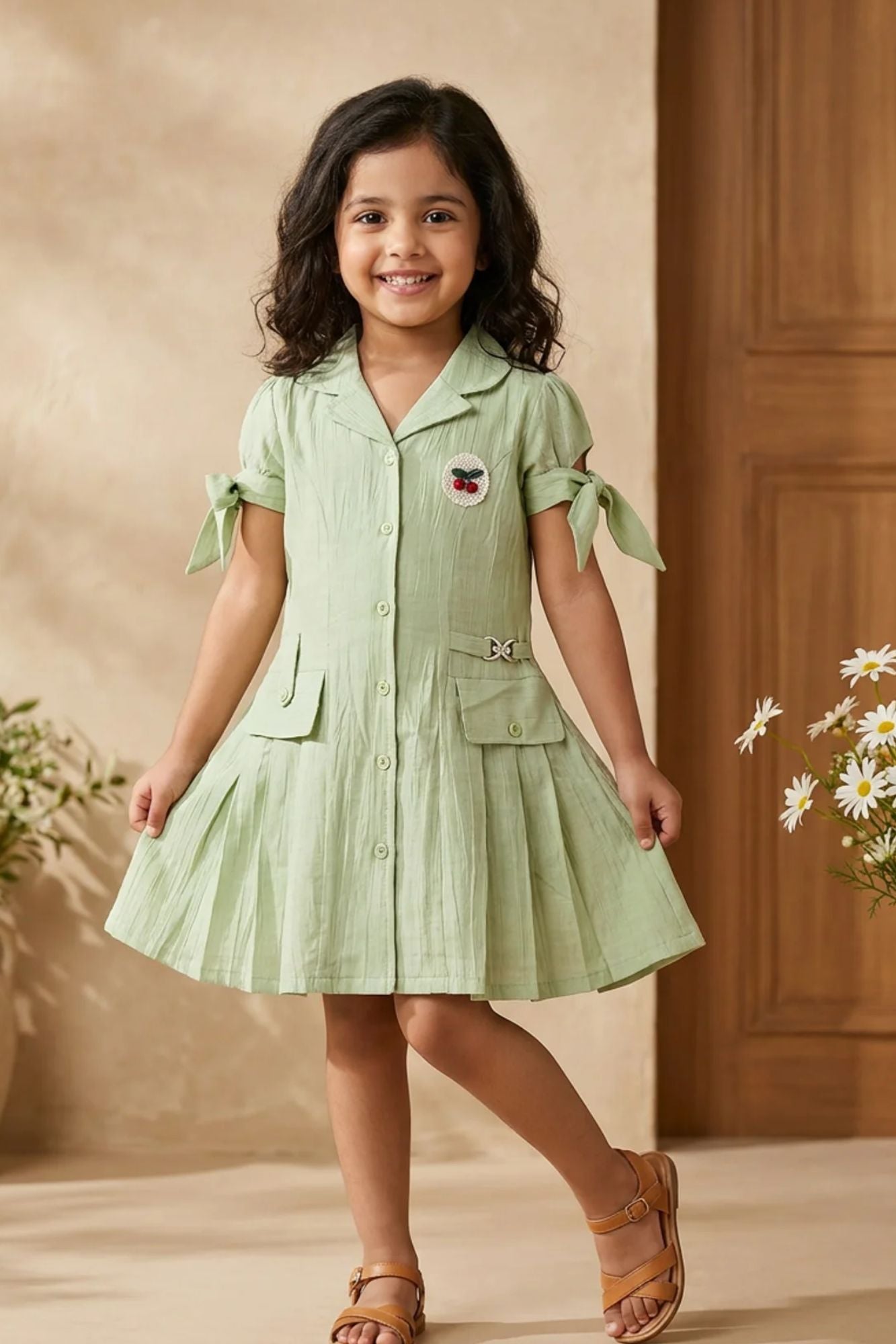 Girls Pista Green Fit And Flare Shirt Collar Casual Dress with Tie-Up Sleeves