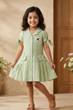 Girls Pista Green Fit And Flare Shirt Collar Casual Dress with Tie-Up Sleeves