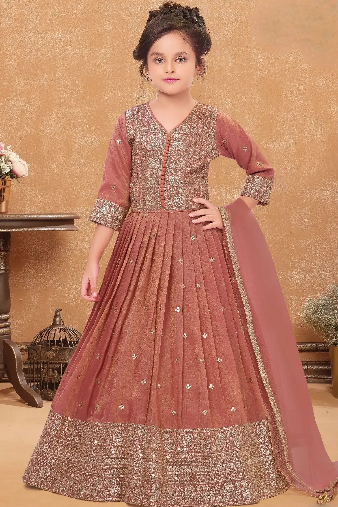 Rust Embroidered Long Ethnic Gown with Dupatta For Girls