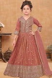 Rust Embroidered Long Ethnic Gown with Dupatta For Girls