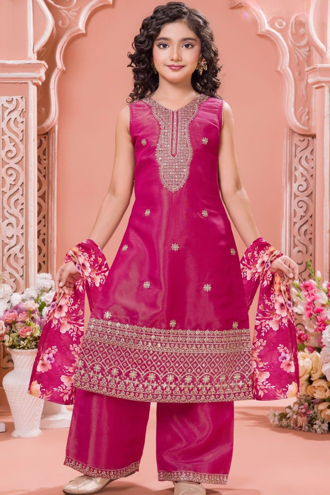 Rani Pink Embroidered Palazzo Set For Girls