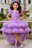 Girls Lavender Ruffle Tailback Party Dress With Pearl And 3D Floral Work