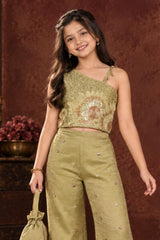 Girls Green One-Shoulder Bead And Sequin Embroidered Palazzo Set