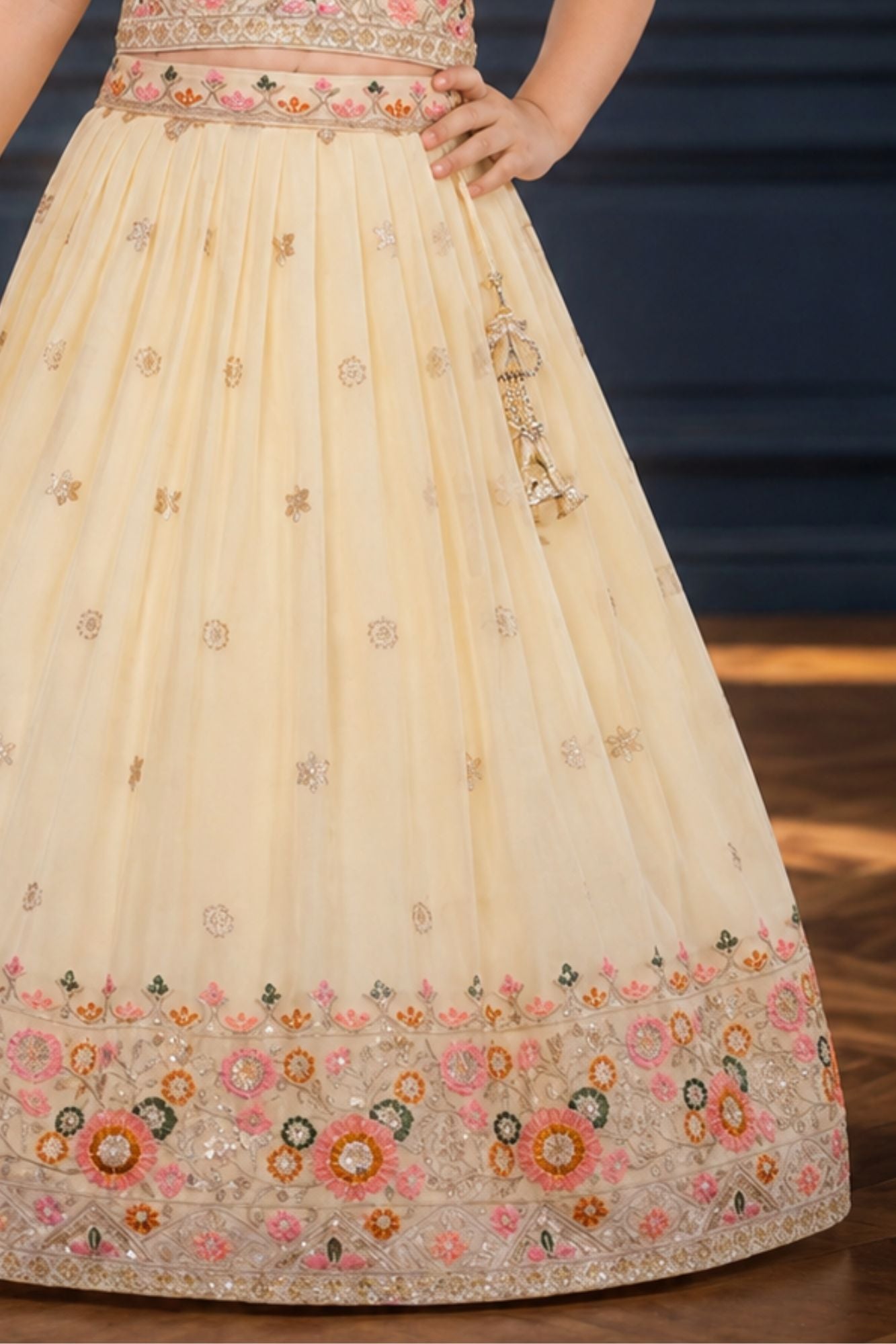 Girls Cream Embroidered Lehenga Choli Set with Dupatta