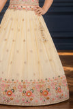 Girls Cream Embroidered Lehenga Choli Set with Dupatta