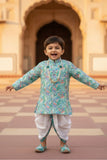 Aqua Blue With Leaf Printed Festive Dhoti Set for Boys