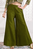 Olive Green Embroidered Palazzo Set with Crop Top & Jacket For Girls