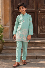 Boys Mint Green Kurta Pajama Set With Floral Thread Embroidery