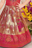 Pink Brocade Pattu Pavadai With Bead Work And Zardosi Work For Girls