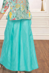 Sea Green Printed Sequin And Embroidered Palazzo Set For Girls