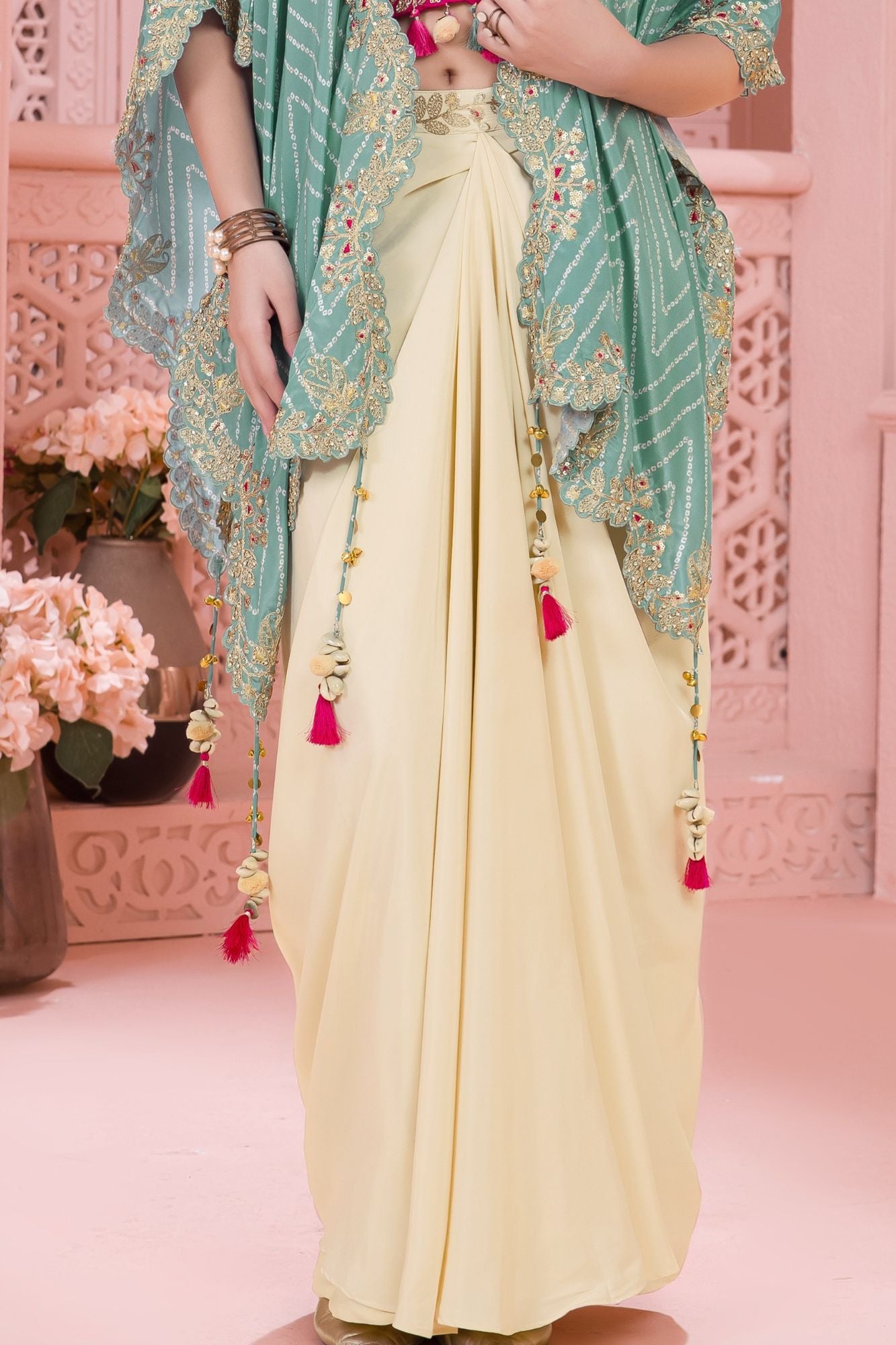 Rani Pink Embroidered Top With Cream Dhoti Skirt And Cape Set For Girls