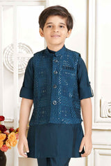 Teal Blue Full Sleeves Kurta With Sequin Embroidered Waist Coat Set For Boys