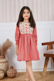 Rust Red Cotton Dress with Multicolor Floral Embroidered Yoke For Girls