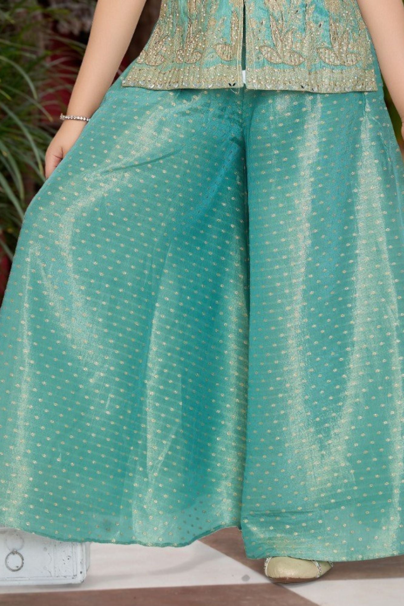 Sea Green Embroidered Top with Flared Palazzo Set For Girls