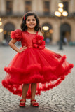 Red One-Shoulder Sequin Party Frock with Layered Tulle For Girls