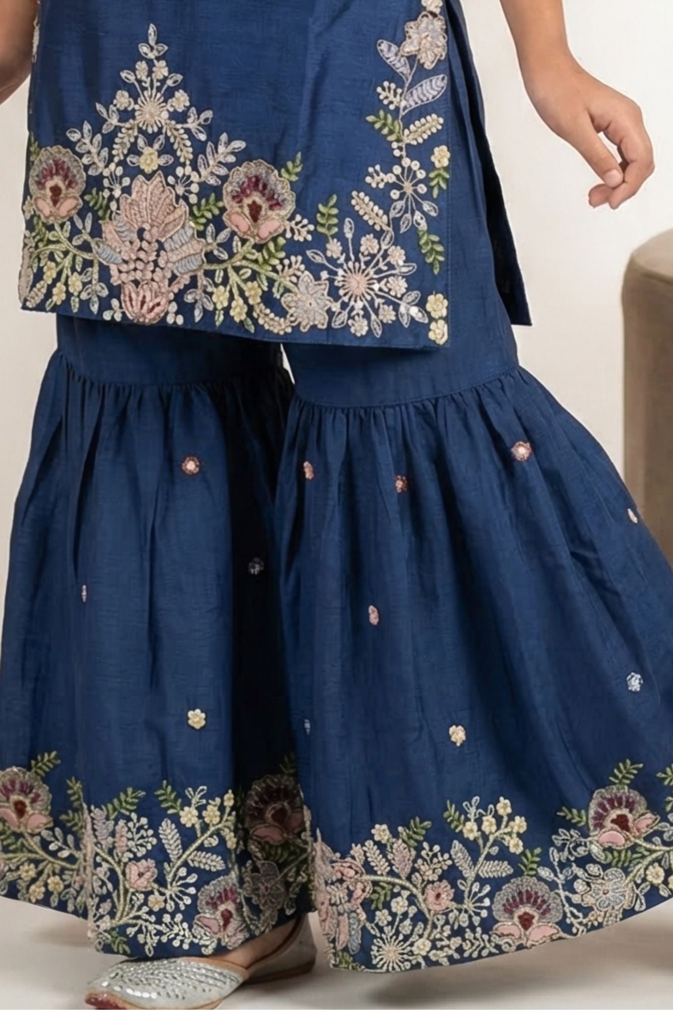 Navy Blue Embroidered Sharara Set With Dupatta For Girls