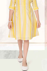 Yellow 3/4th Sleeves Stripe Frock For Girls