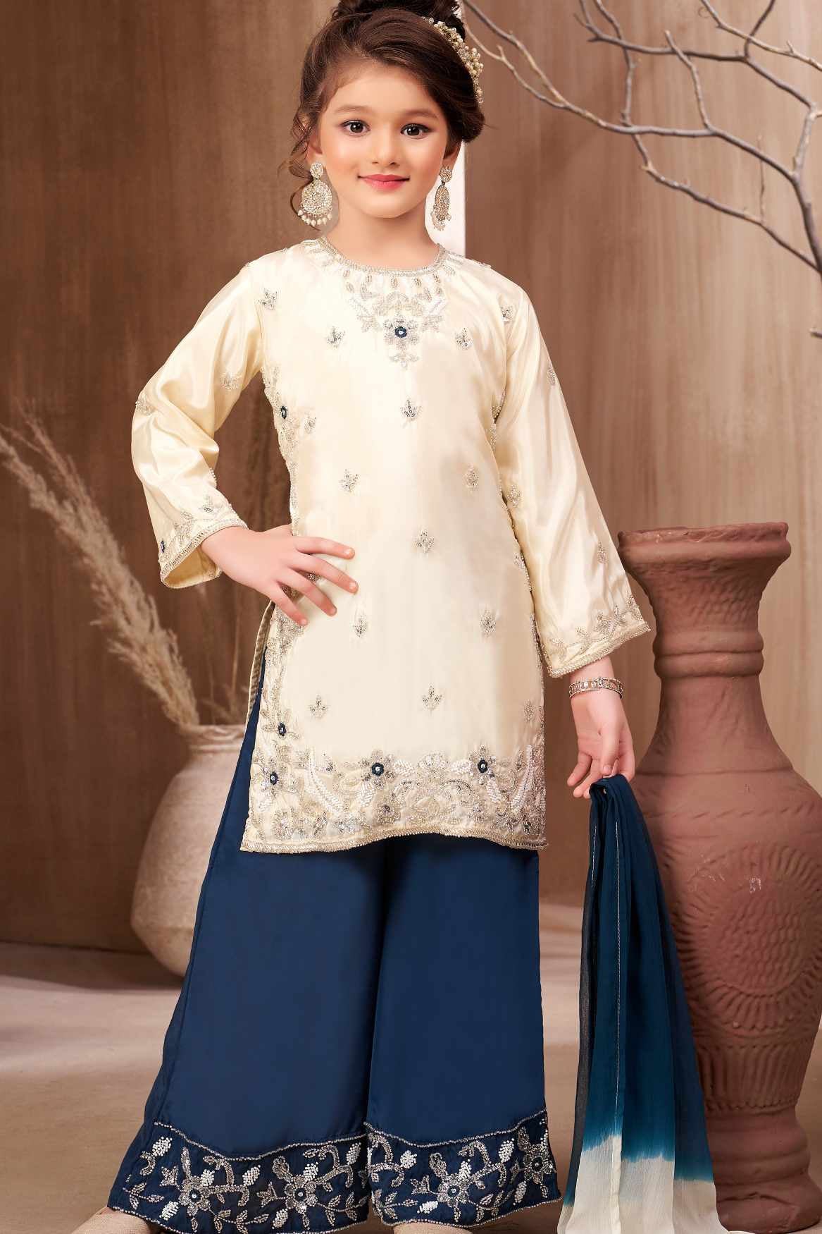 Ivory Embroidered Kurti Peacock Blue Palazzo Set with Dupatta for Girls