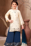 Ivory Embroidered Kurti Peacock Blue Palazzo Set with Dupatta for Girls