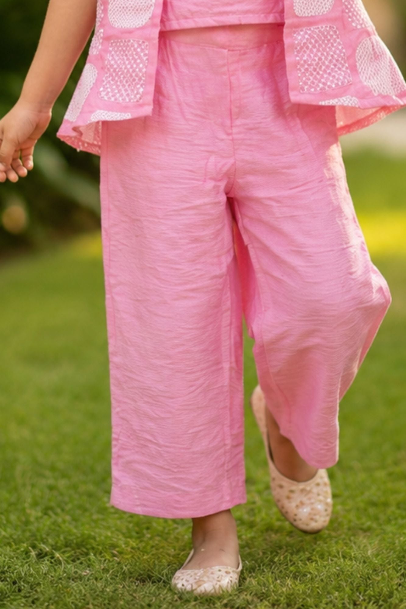 Girls Pink Printed Waistcoat Co-Ord Set with Inner Top And Wide-Leg Pants