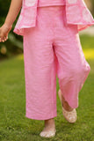 Girls Pink Printed Waistcoat Co-Ord Set with Inner Top And Wide-Leg Pants
