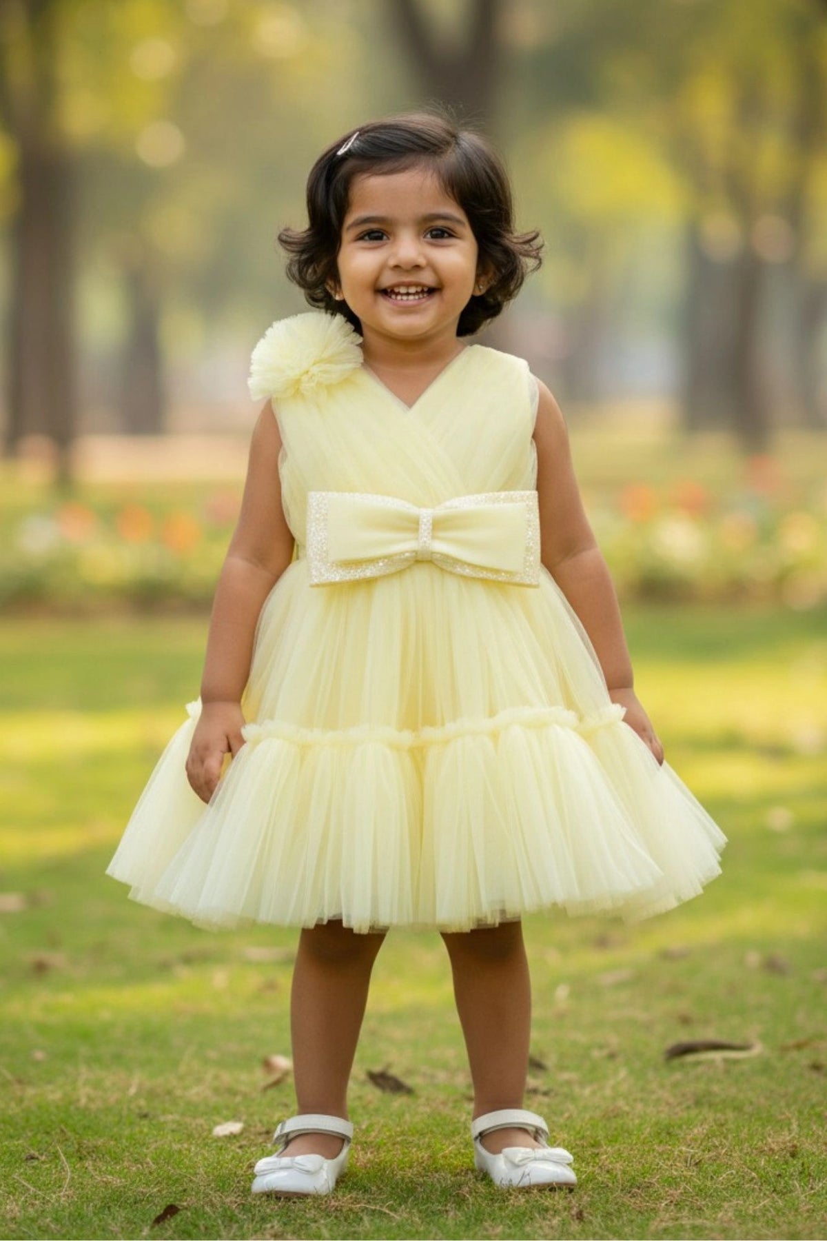 Yellow Tulle Party Wear Frock with Oversized Bow For Girls