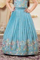 Sky Blue Embroidered Lehenga Choli Set with Floral Thread Work For Girls